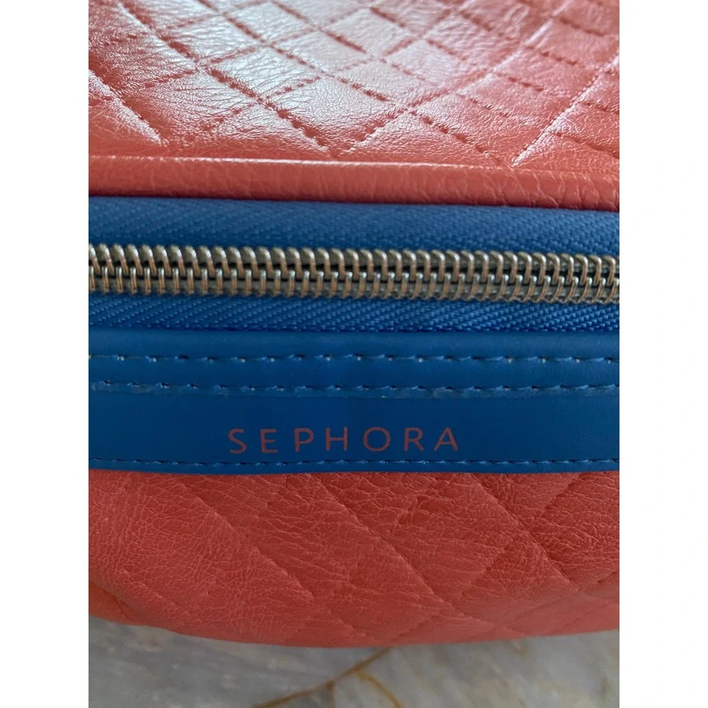 Sephora Quilted Makeup Bag Coral Pink Blue Trim Zippered Travel Train Case